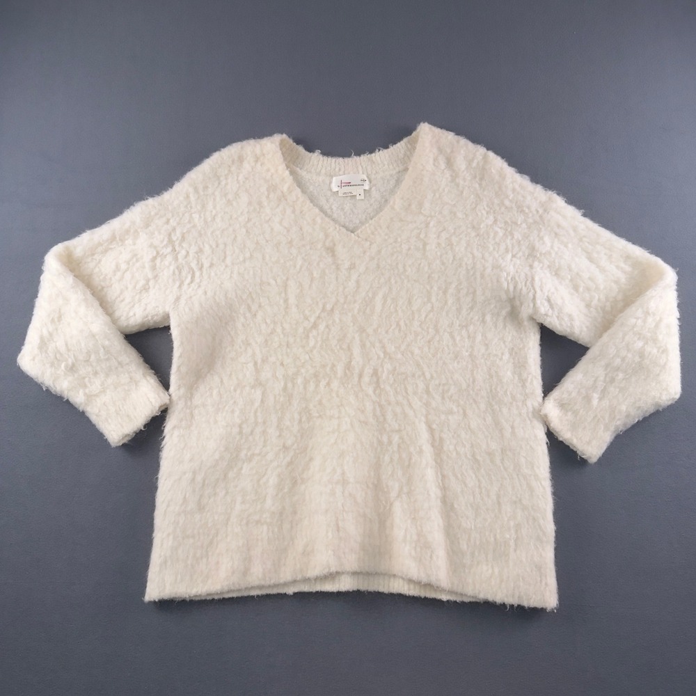 Anthropologie Cream Merino Wool Alpaca Blend V-Neck Fuzzy Knit Sweater Womens M